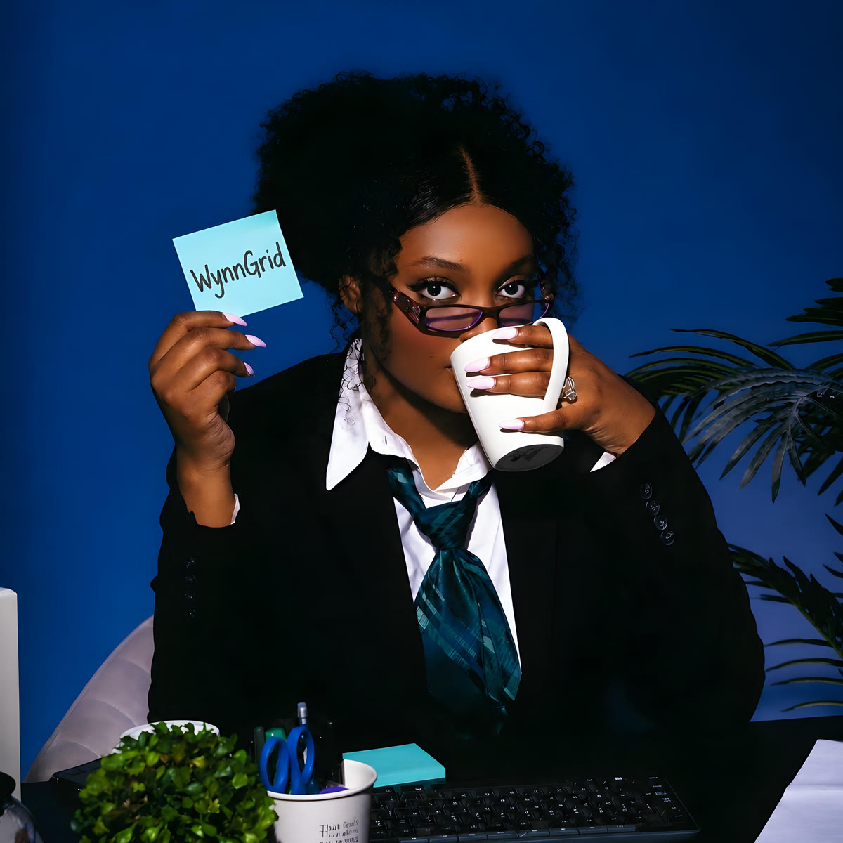 A Wynngrid operator at her desk, coffee in hand, holding a Wynngrid sticky note